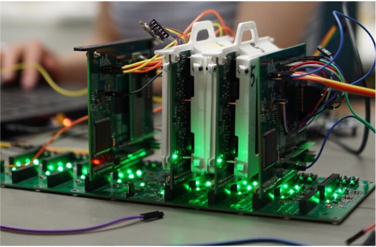 multiple PCBs connected via one large PCB, multiple LEDs flashing